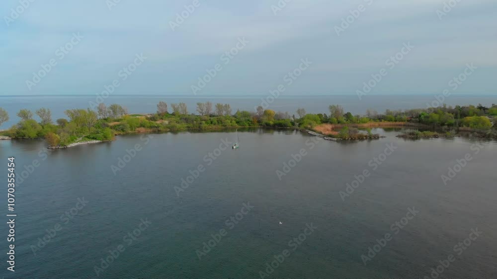 Aerial shot of yacht on tranquil water, housing travelers who live and journey aboard. serene setting highlights freedom and simplicity of life on mobile, floating home. Cinematic drone shot of yacht Aerial shot of yacht on tranquil water, housing travelers who live and journey aboard. serene setting highlights freedom and simplicity of life on mobile, floating home. Cinematic drone shot of yacht