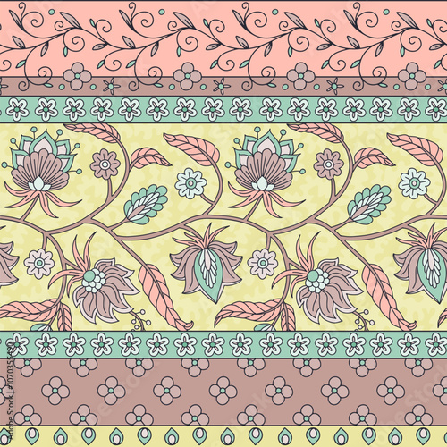 Floral seamless border pattern with indian trailing flowers motifs. Persian earthy boho chic repeat background. Tribal neutral textile print.