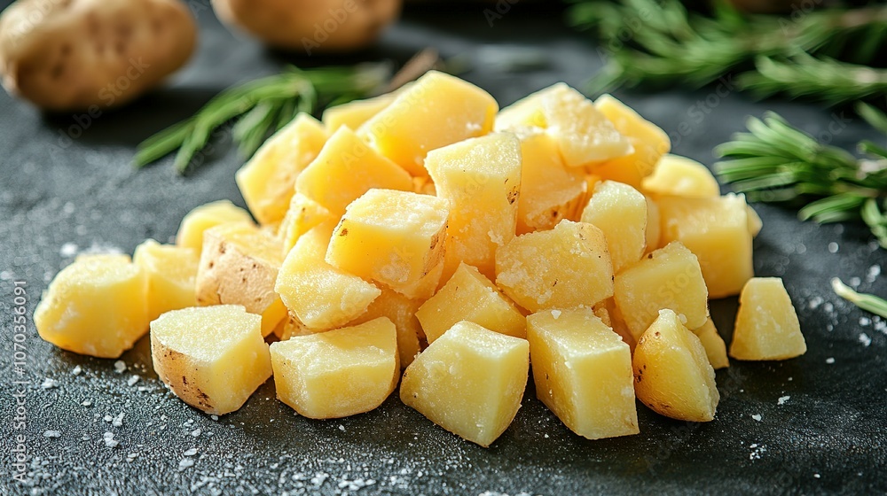 A Heap of Diced Potatoes on a Black Surface A Heap of Diced Potatoes on a Black Surface