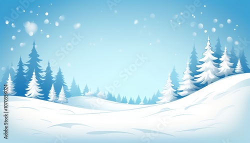 Eine weite, ruhige Winterlandschaft mit schneebedeckten Hügeln und Tannenbäumen, perfekt als Hintergrund mit großzügigem Platz für Text. Generative KI.