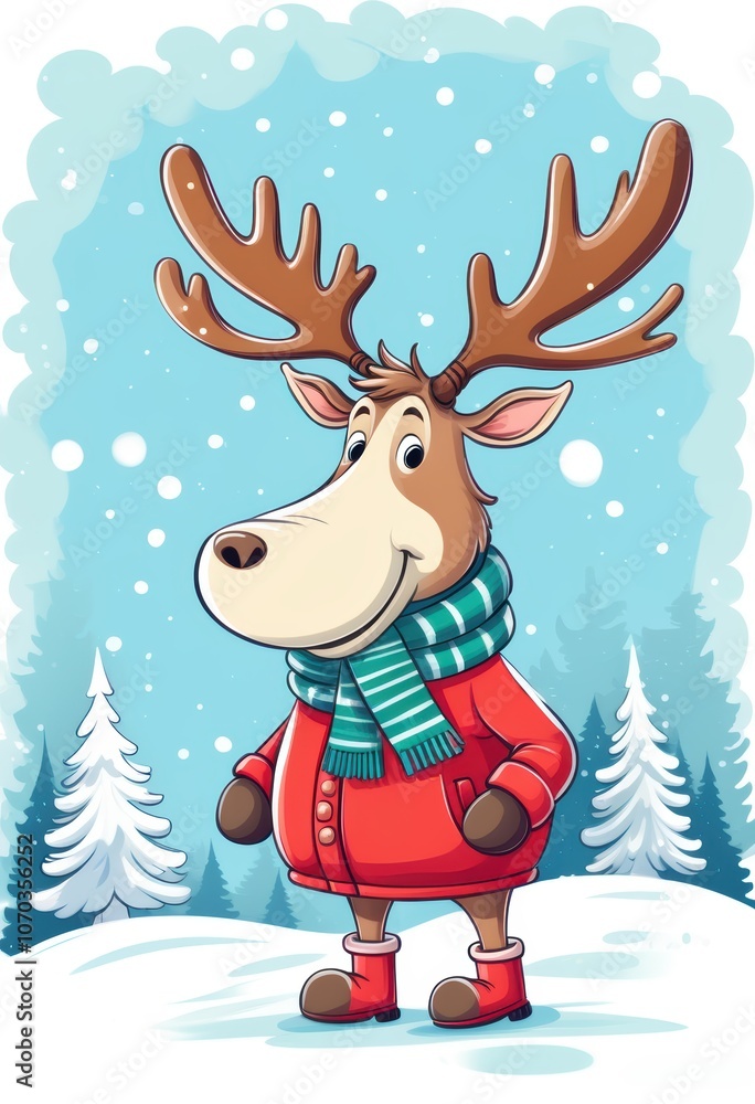 Fototapeta premium GPTEin süßes Rentier mit grünem Schal und rotem Mantel steht im Schnee, umgeben von schneebedeckten Tannen, perfekt für eine Weihnachtskarte. Generative KI.