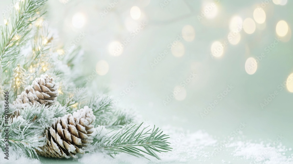 Light green pastel rustic Christmas background with pine cones, delicate snow, and warm holiday lights. Perfect website banner header with ample white space for text or seasonal design elements, evoki Light green pastel rustic Christmas background with pine cones, delicate snow, and warm holiday lights. Perfect website banner header with ample white space for text or seasonal design elements, evoki