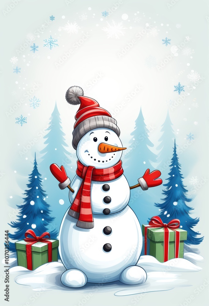 GPT
Ein lächelnder Schneemann mit rotem Schal und Mütze steht fröhlich im Schnee, umgeben von Tannen und Geschenken, mit freiem Platz für Text oben. Generative KI. GPT
Ein lächelnder Schneemann mit rotem Schal und Mütze steht fröhlich im Schnee, umgeben von Tannen und Geschenken, mit freiem Platz für Text oben. Generative KI.