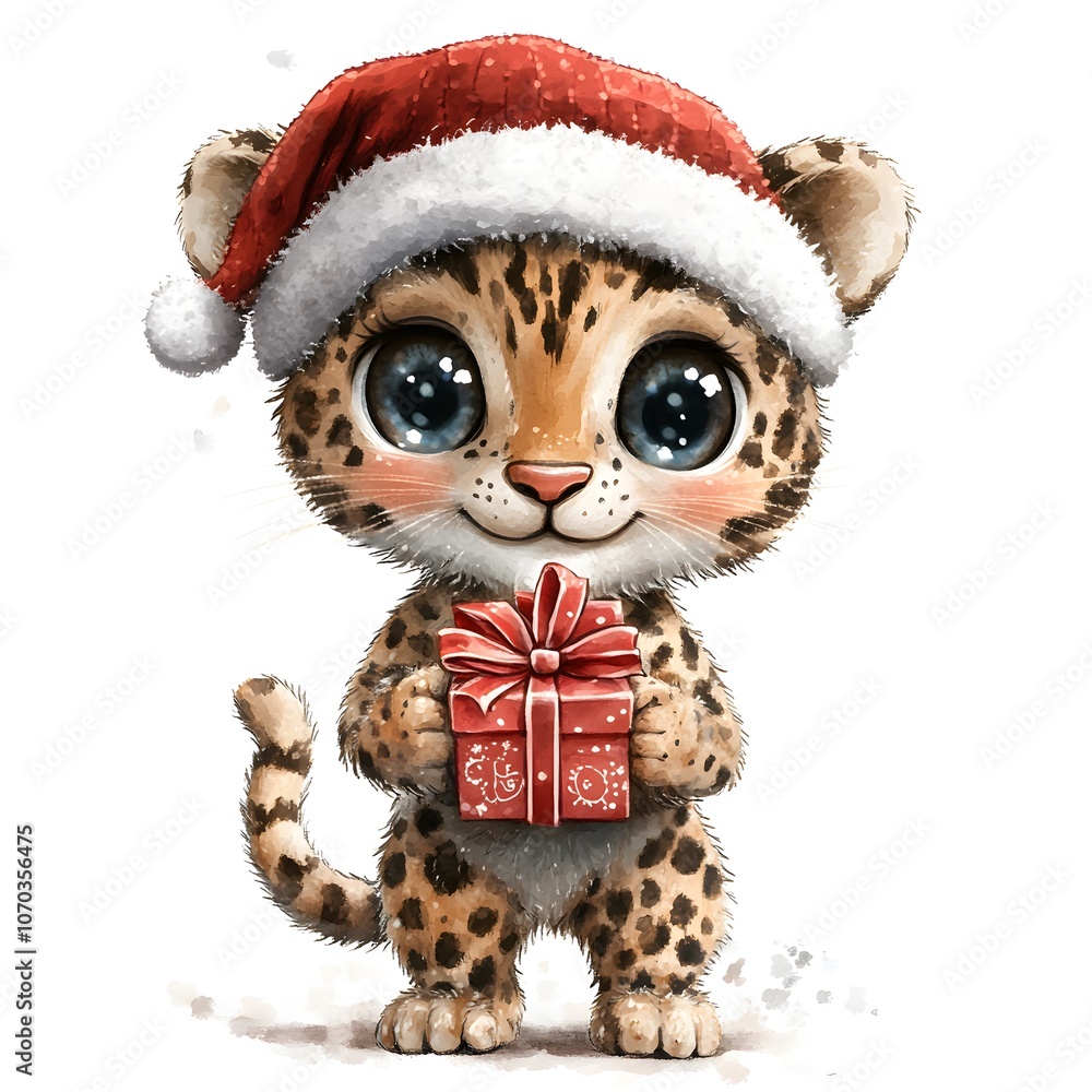 Cute Leopard Cub in Santa Hat Holding Christmas Gift Cute Leopard Cub in Santa Hat Holding Christmas Gift
