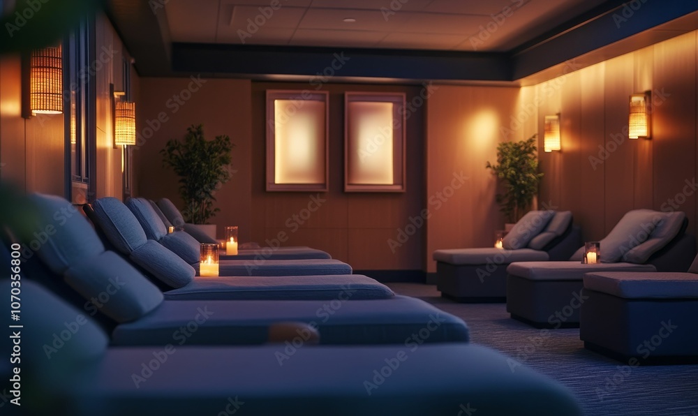 Fototapeta premium Relaxing spa lounge with candles and soft lighting.