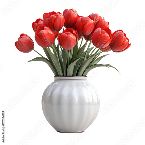 Red Tulips in White Vase: A vibrant bouquet of red tulips in a classic white vase, symbolizing love, passion, and beauty.