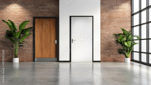 Business center entryway with steel doors  exposed brick walls  and concrete flooring leading to office spaces   entryway design  industrial entrance