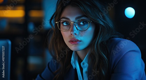 An attractive female software developer, wearing glasses and a blue blazer, is working on her computer late at night in an office setting.