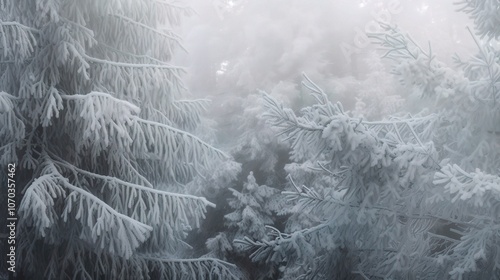 Winter Forest with Frosty Trees in a Foggy Landscape photo