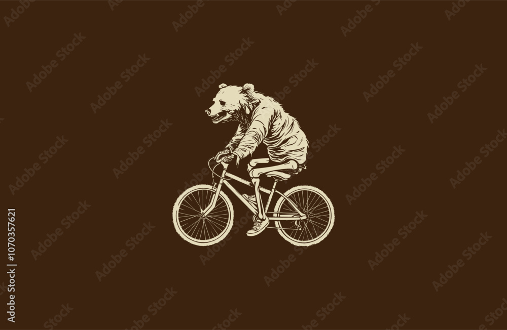 Naklejka premium Bear skeleton riding bicycle engraving logo design vector vintage