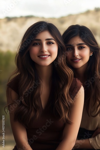 Portrait of Two Beautiful Smiling Sisters, with Long, Dark Hair and Brown Outfits, Posing Outdoors