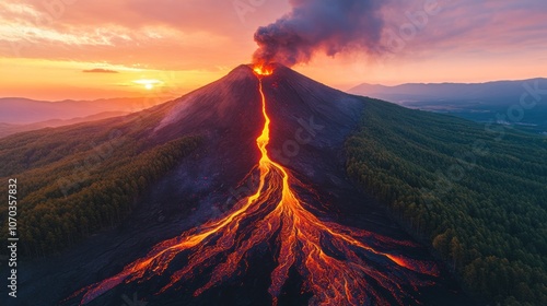 Eruption of a Volcano at Sunset