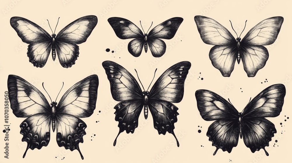 Butterfly illustrations in black-and-white that display a variety of species and wing types Butterfly illustrations in black-and-white that display a variety of species and wing types