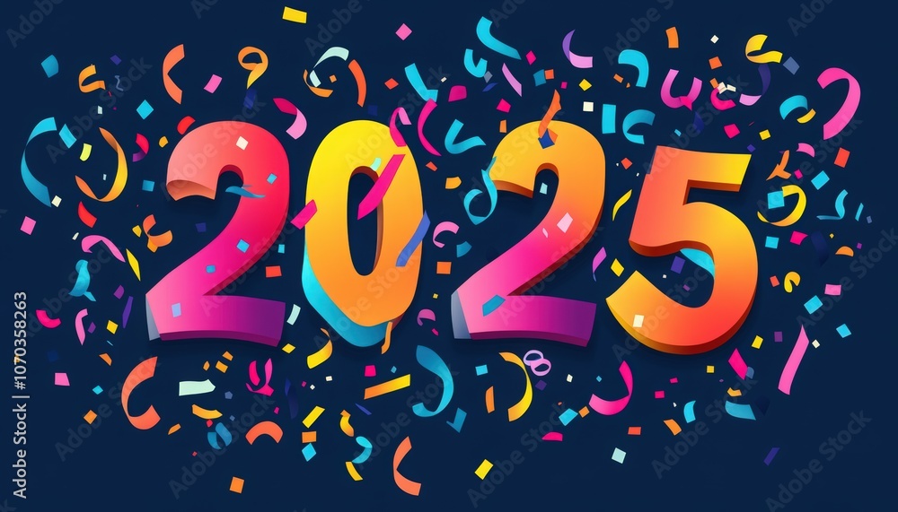 colorful streamers and numbers flying on a dark blue background, with 2025 written in the middle. Happy New Year concept colorful streamers and numbers flying on a dark blue background, with 2025 written in the middle. Happy New Year concept