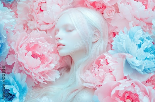 High-fashion photography featuring a floral hairpiece, pastel colors, and a beautiful blonde woman with pink and blue peonies against an ethereal background photo