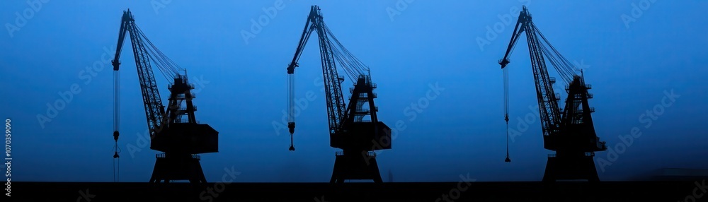 Low Angle View of Towering Cranes at Dusk Low Angle View of Towering Cranes at Dusk