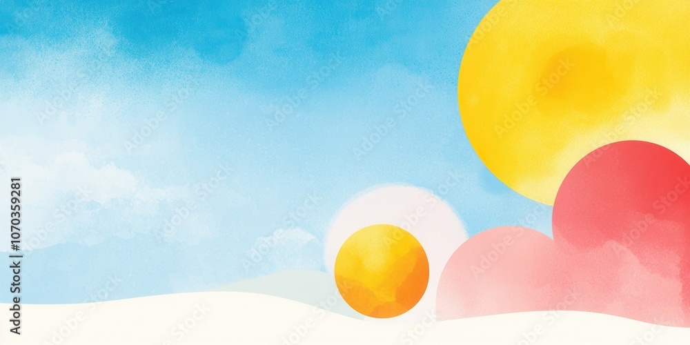 A colorful, abstract landscape featuring bright suns and soft clouds against a blue sky, evoking a serene, sunny atmosphere. A colorful, abstract landscape featuring bright suns and soft clouds against a blue sky, evoking a serene, sunny atmosphere.