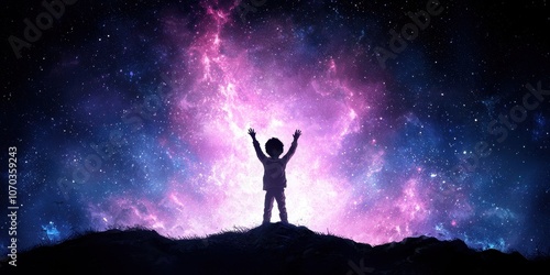 Wallpaper Mural A silhouette of a child with arms raised against a vibrant cosmic background filled with stars and swirling galaxies. Torontodigital.ca