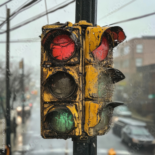 weathered traffic light on a rainy day, with cracked glass and visible wear,  red and green lights against a blurred urban background, capturing a sense of decay and gloomy weather photo