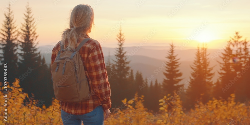 A person stands on a hillside at sunset, surrounded by trees, embodying a sense of adventure and tranquility.