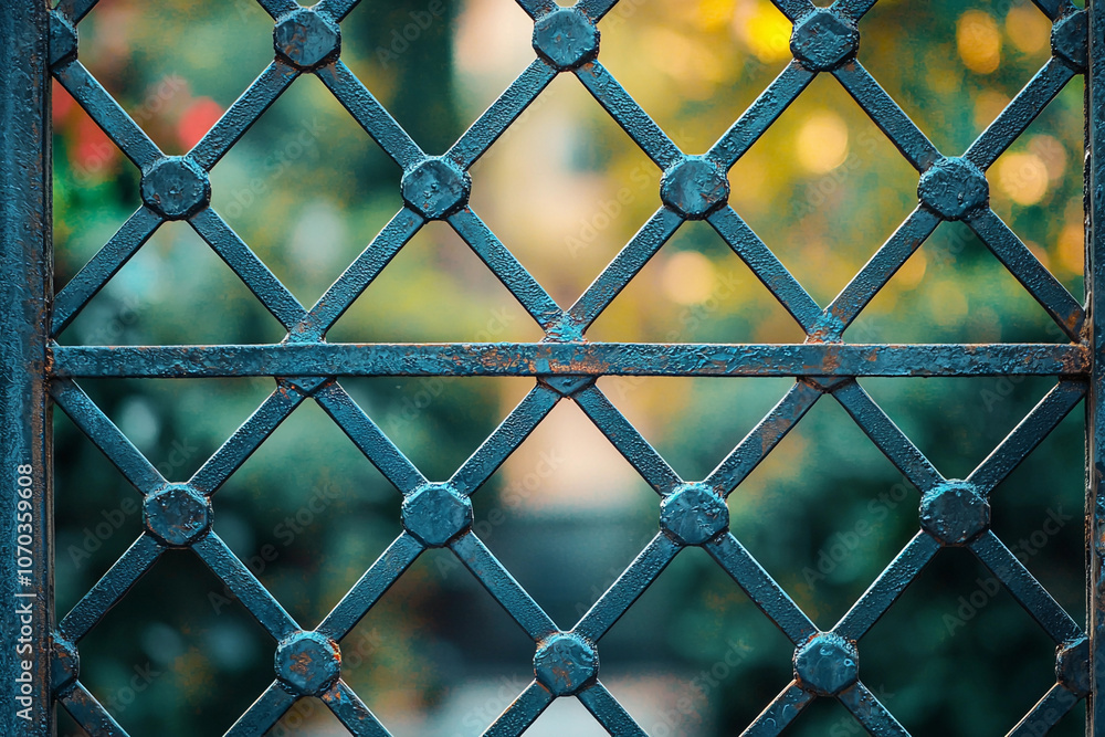 Rustic green garden gate with intricate design in evening light Rustic green garden gate with intricate design in evening light