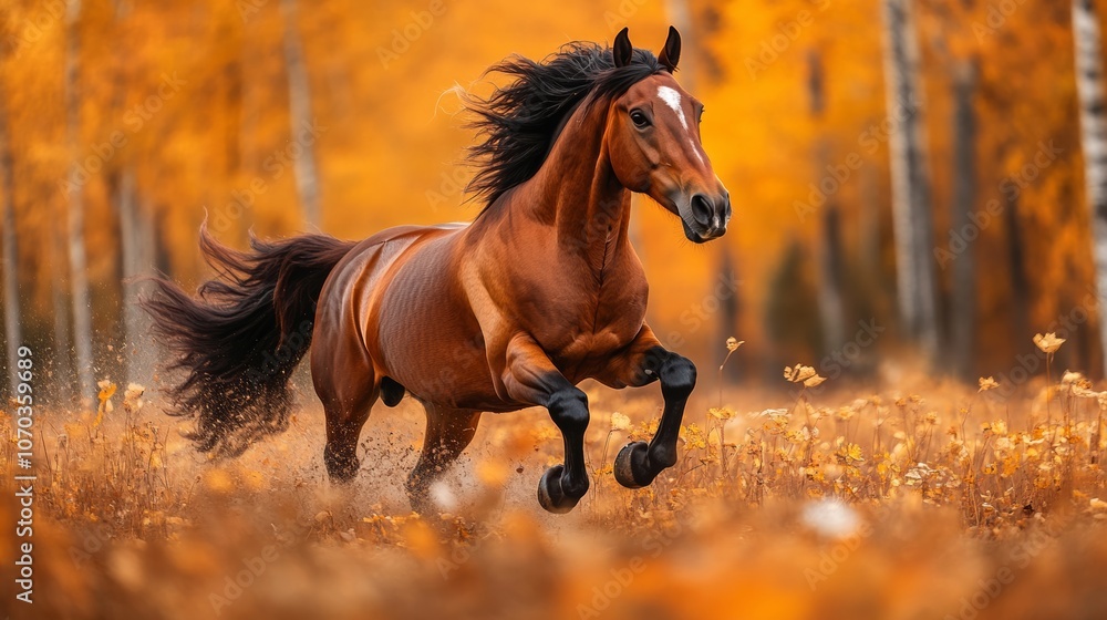 Obraz premium In the autumn, a brown horse runs through tall grass and fall foliage.