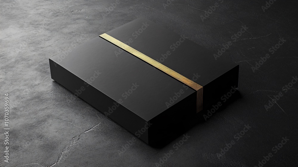 All-black gift with a thin gold stripe around it on a charcoal background, sleek and dramatic All-black gift with a thin gold stripe around it on a charcoal background, sleek and dramatic