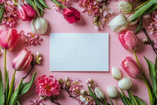 Pink flowers arranged around a blank card on a pastel pink background for a seasonal celebration