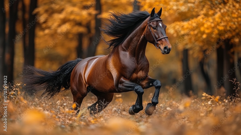 A brown horse runs through tall grass and fall foliage in autumn. A brown horse runs through tall grass and fall foliage in autumn.