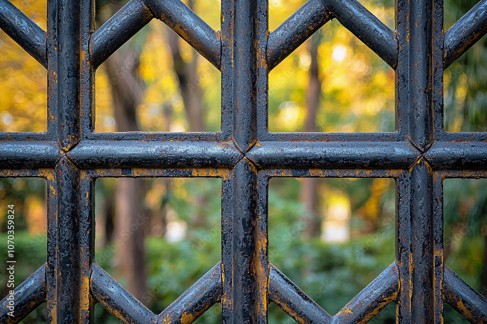 Rusty metal lattice fence with blurred garden background in autumn Rusty metal lattice fence with blurred garden background in autumn