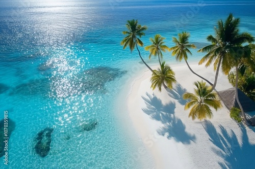 Tropical beach with white sand, palm trees and turquoise water reflecting sunlight