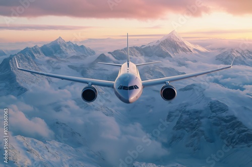 White passenger airplane flying over snowy mountains at sunset photo