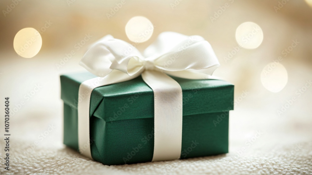 Elegant green gift with a white satin bow on a soft cream background, festive yet minimal Elegant green gift with a white satin bow on a soft cream background, festive yet minimal