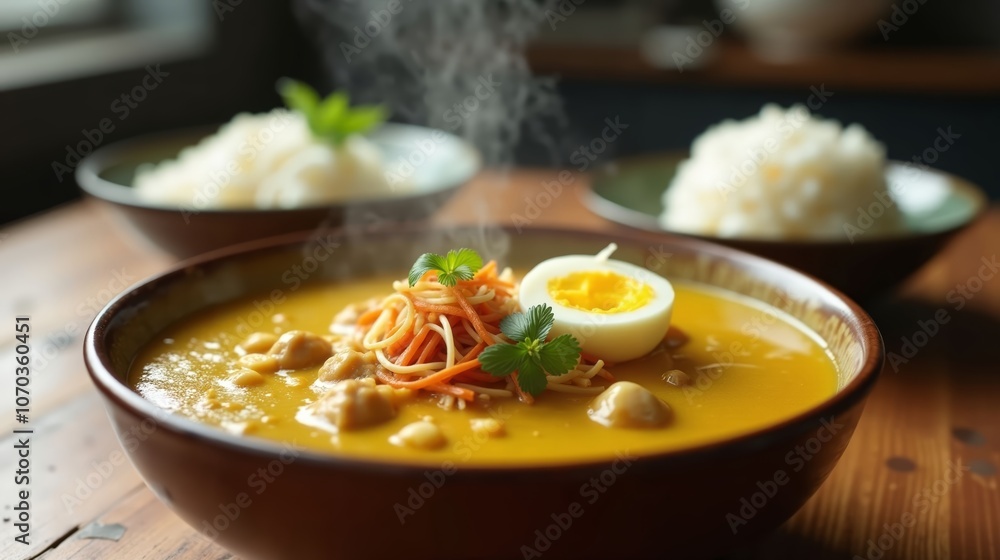 Hearty Indonesian Soto Ayam with Golden Turmeric Broth and Fresh Garnishes in Rustic Kitchen Setting Hearty Indonesian Soto Ayam with Golden Turmeric Broth and Fresh Garnishes in Rustic Kitchen Setting