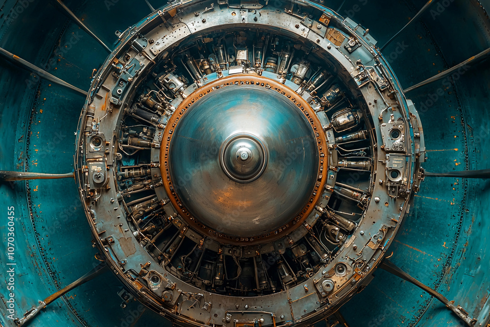 Obraz premium Detailed view of a jet engine turbine in an aircraft workshop