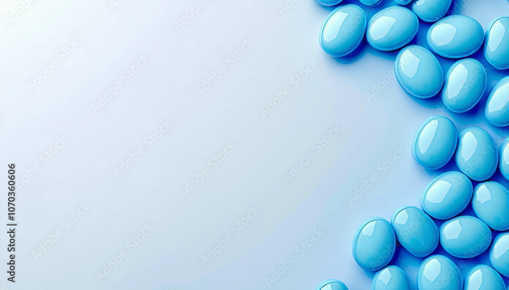 Close up top view of oval shaped bright blue pills on a white background. with copy space image. Close up top view of oval shaped bright blue pills on a white background. with copy space image.