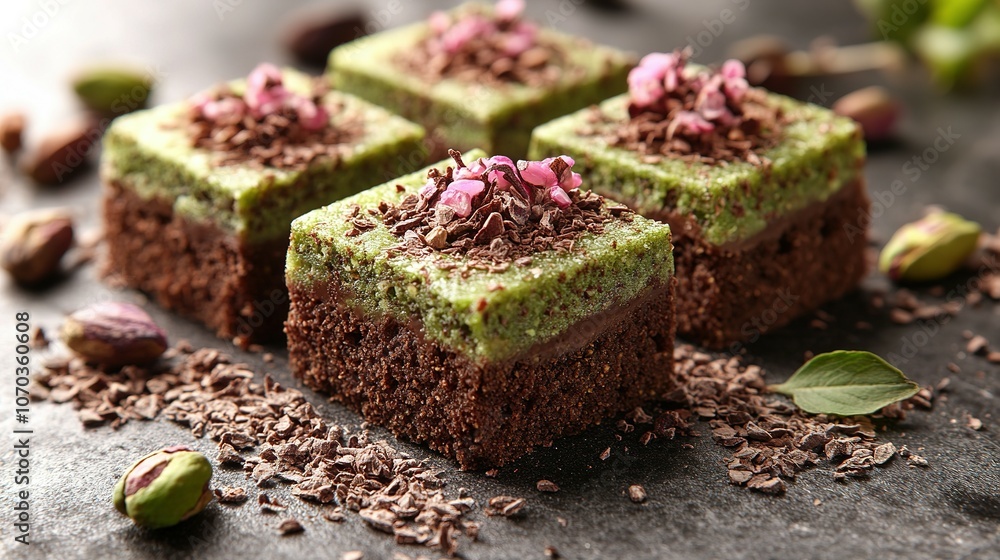 Green Tea and Pistachio Cake Squares Topped with Chocolate Shavings and Pink Candied Flowers Green Tea and Pistachio Cake Squares Topped with Chocolate Shavings and Pink Candied Flowers