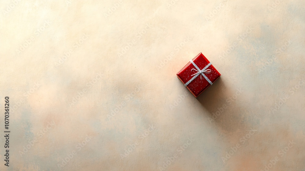 Naklejka premium Miniature red present with a single silver stripe on a light beige background, minimal with a touch of holiday sparkle