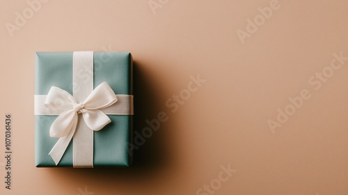 Minimalist gift in a pale blue shade with a tiny white ribbon on a warm beige background, fresh and serene