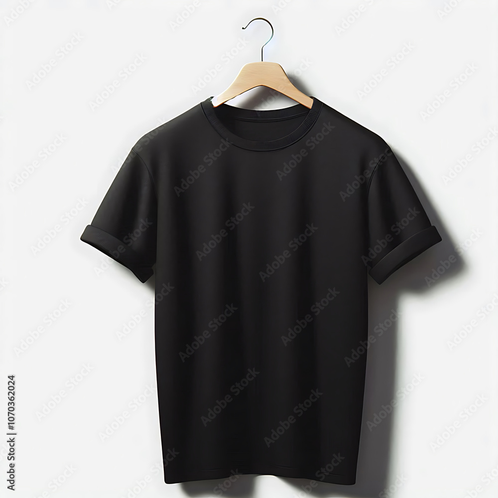 Black T-Shirt on Wooden Hanger Against White Background. generator AI Black T-Shirt on Wooden Hanger Against White Background. generator AI