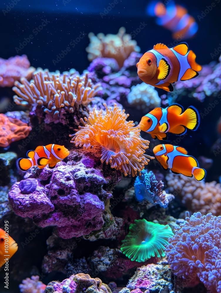Fototapeta premium Colorful clownfish swimming among vibrant coral in a tropical aquarium during daylight hours
