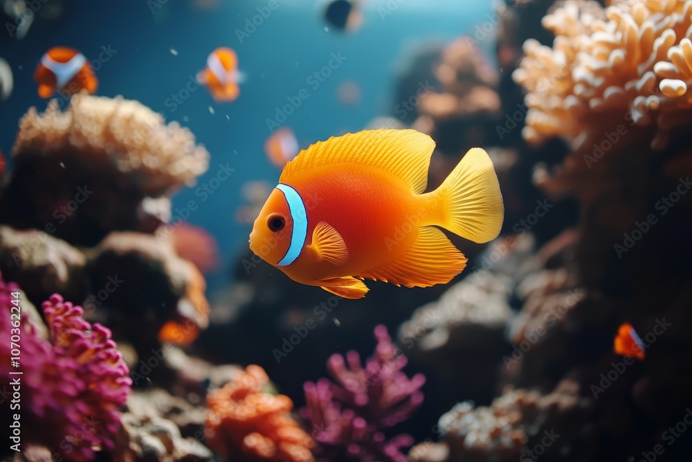 A vibrant clownfish swims gracefully through a colorful coral reef teeming with marine life in a serene underwater environment A vibrant clownfish swims gracefully through a colorful coral reef teeming with marine life in a serene underwater environment