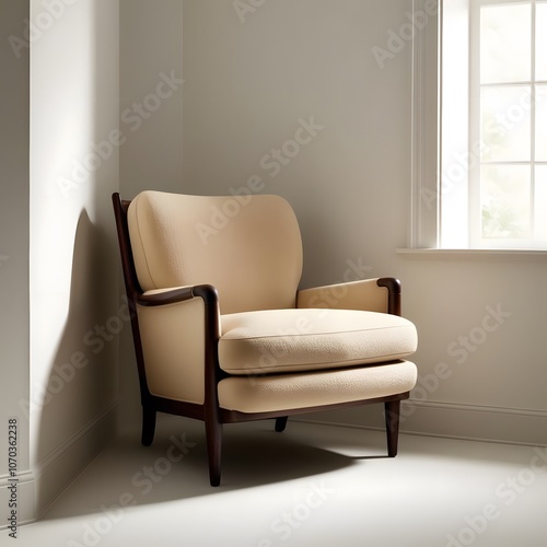 Retro Armchair in a Simple Corner: A single retro armchair with wooden legs and upholstered in a warm, neutral fabric, placed in a quiet corner of a minimalist room.