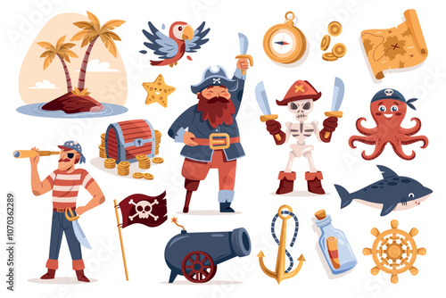 Pirate Adventure Illustration with Characters and Objects