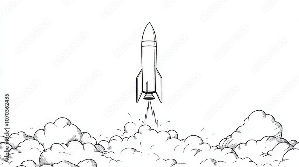 Rocket launching leaving smoke through clouds in black and white hand-drawn style Rocket launching leaving smoke through clouds in black and white hand-drawn style