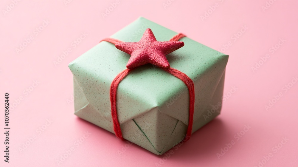 Obraz premium Small green gift with a single red star on it on a soft pink background, playful holiday elegance