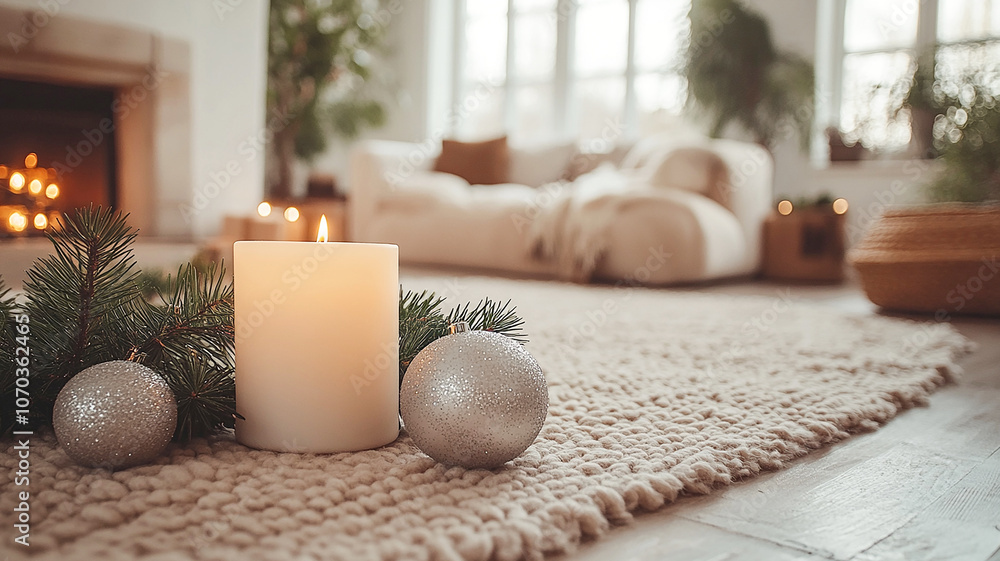 A cozy living room decorated for the holidays with a lit candle and ornaments on a soft rug near the fireplace in the evening A cozy living room decorated for the holidays with a lit candle and ornaments on a soft rug near the fireplace in the evening