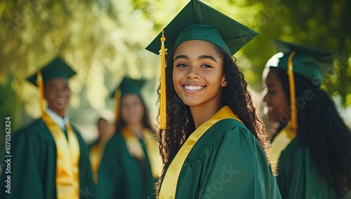 A group of high school students in green and yellow graduation gowns, wearing caps on their heads, walking towards the camera with smiles, celebrating their graduation.