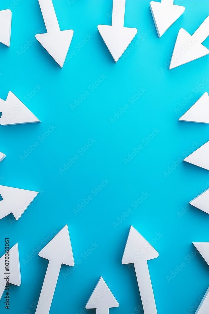 Many White Arrows Pointing Toward Center on Blue Background, Concept of Decision Making. Many White Arrows Pointing Toward Center on Blue Background, Concept of Decision Making.