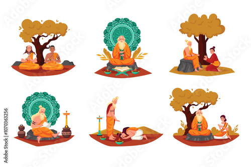 Spiritual Teachers and Students in Illustrative Scenes